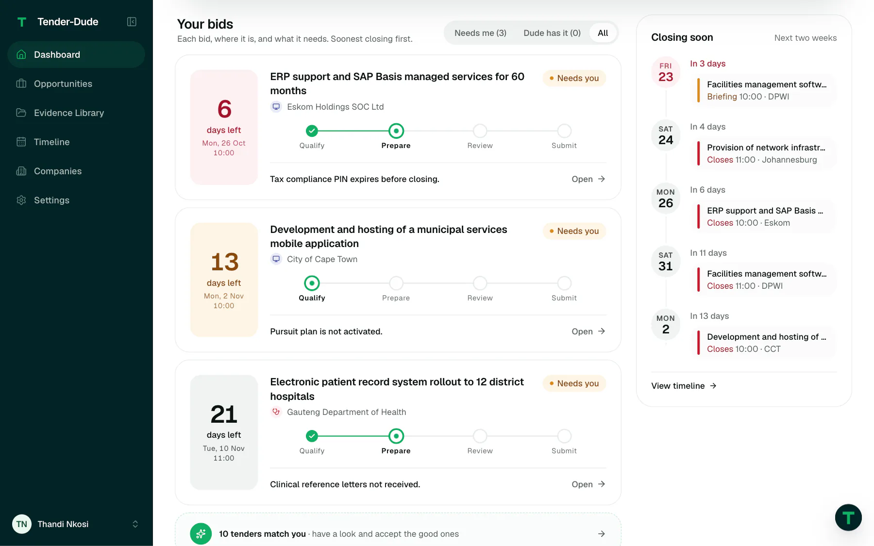 Your bids on the dashboard: each open bid with days left, its stage and what it needs next.