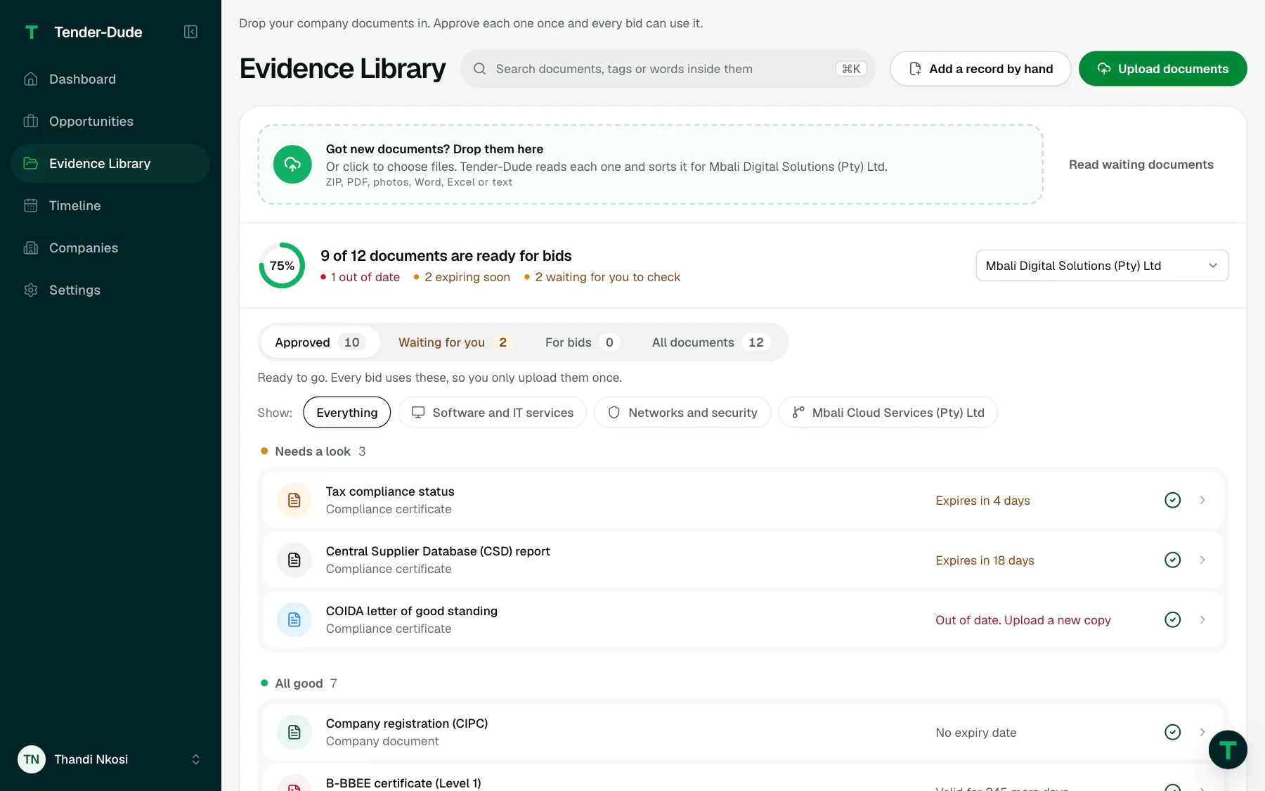 The Evidence Library: 9 of 12 company documents ready for bids, with expiring and out-of-date documents listed first.