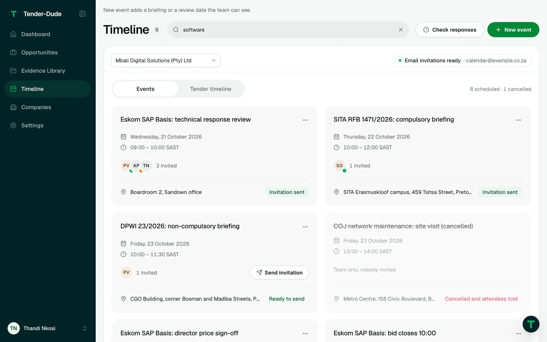 The Timeline: briefings, reviews and closing times as cards, with who is invited and where.